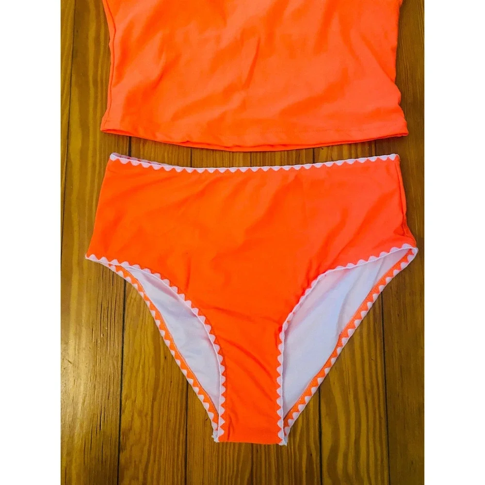 Beachsissi Womens Neon Orange Scallop Trim High Neck High Waist Bikini Set Small